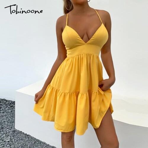Tobinoone Ruffle V Neck Sexy Mini Dress Women Summer Sapghetti Strap Backless Mini Dresses Solid High Waist Beach Party Vestidos