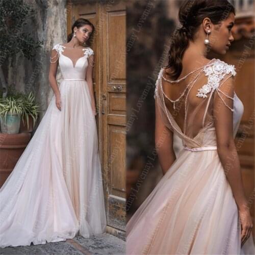 Champagne Beach Wedding Dresses 2021 Beaded Neckline Boho Bridal Gown Lace Appliques Vestidos De Novia Open Back Bride Dresses