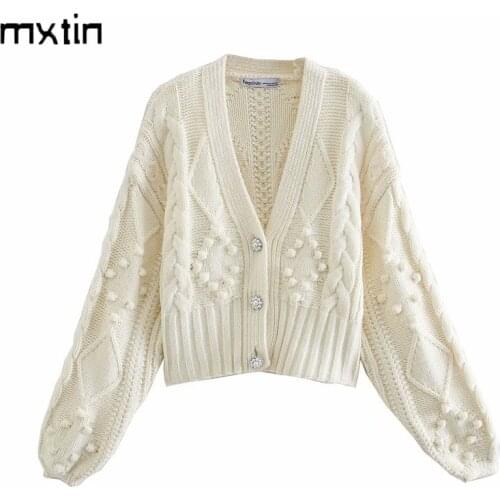 2021 Women Fashion White Pearl Buttons Cardigan Knitted Sweater Vintage V Neck Long Sleeve Solid Female Casual Elegant Tops