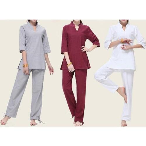 3color red/grey/white cotton&linen summer&spring&autumn female yoga suits women lay meditation clothing tai chi uniforms