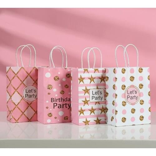 AVEBIEN Kraft Paper Pink Lattice Birthday Party Portable Gift Bag Printing Dot Star Shape Shopping Packaging Bag Cadeau Zakjes