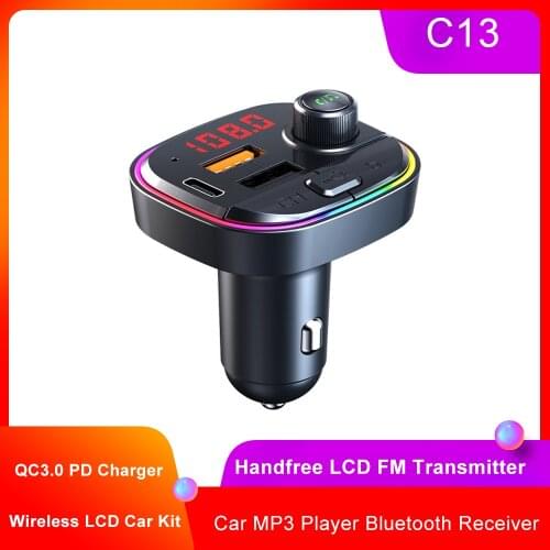 C13 Car Mp3 Player Bluetooth Receiver QC3.0 PD Fast Charger Bluetooth Wireless Car Kit Handfree LCD FM Transmitter AUX Player