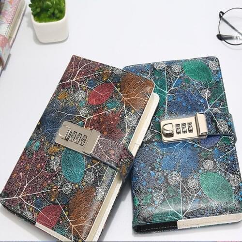 "Colorful flowers"Password lock Notebook PU Leather Floral Flower Dotted Functional Lock line dots Diary Weekly Planner Cute B6