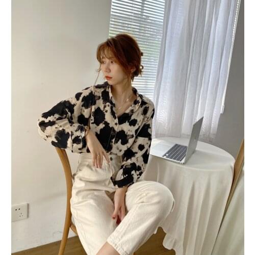 Long Sleeve Blouse Korean Fashion Clothes Chiffon Streetwear Plus Size Tops Spring New Cow Print Button Up Shirts Women