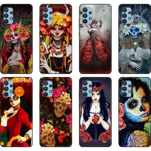 Black tpu Case For Samsung galaxy A12 A22 A32 A42 A52 A72 4g 5g S21 PLUS ultra Catrina beautiful rose girl Skull Art Perfect