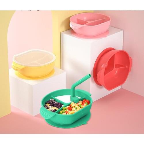 Childrens Silicone Food Tray Straw Accessory Bowl Baby Division Suction Cup Portable Drop Proof