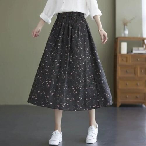 Preppy Style Cotton Linen Floral Print Long Skirts Women New Autumn Vintage Chic High Waist Midi Skirt Female Elegant Clothing
