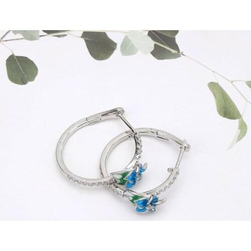 Enamel Floral Zircon Blue Blooming Flower Hoop Earrings Women Fashion Jewerly E56A