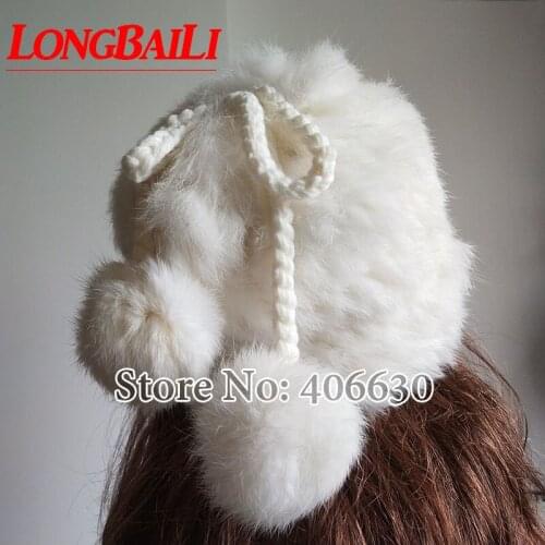 LongBaiLi Quality Winter Solid Rabbit Fur Knitted Hat Women Warm Beanies Caps Skullies KT052