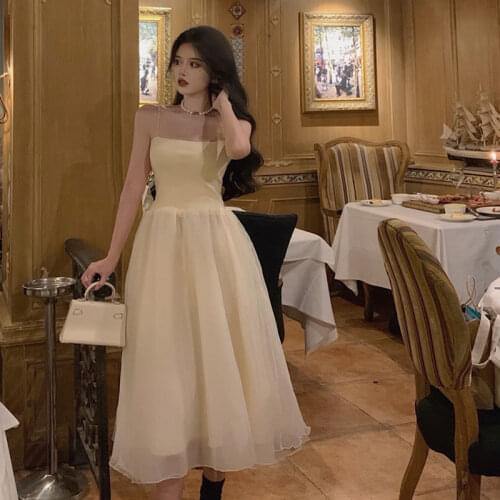 Summer Spaghetti Strap Midi Dress Women Sweet Elegant Vintage Dress Female Sleeveless Office Lady Korean Party Dress