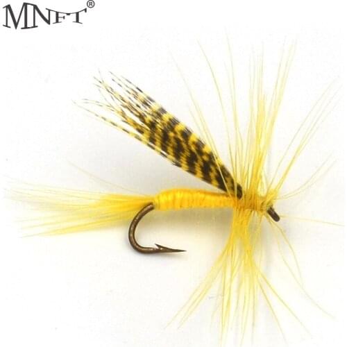 MNFT 10PCS Yellow Body Black&White Spotted Feather Fly Fishing Flies Artificial Insect Bait 12