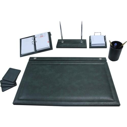 Office Desk Pad Set Green Modern Design 7 Pcs Notepad Organizer Dual Pen Holder & 2 Pens Pen Holder 4 Coasters File Storage