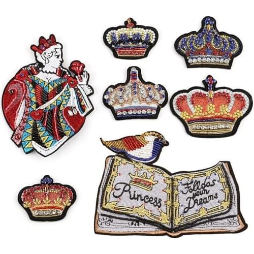 Fine Diamond King Book Royal Crown Patch Iron on Patch Handmade Sewing Beaded Patch Applique Ironing Clothing Stickers Badges