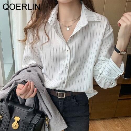 QOERLIN Long Sleeve Blouses For Women Striped Suit Shirts Ladies Office Work Wear Tops Blue White Female Clothes Blouse Femme