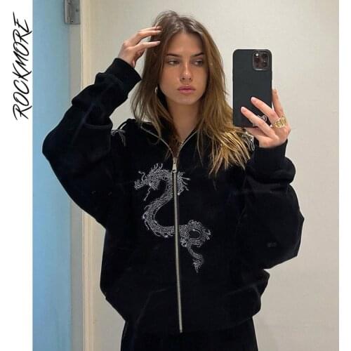 Rockmore Dragon Rhinestone Hoodies WomenS Zip Up Sweatshirt y2k Gothic Oversized Hooded Jacket Autumn Winter Fairycore Grunge