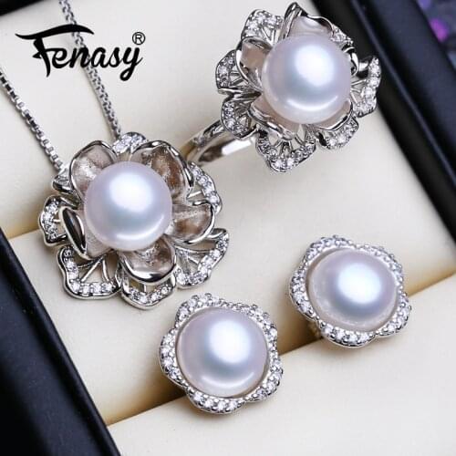FENASY 925 Sterling Silver Jewelry Sets Natural Pearl Necklaces For Women Classic Stud Earrings Fashion Wedding Pendant Rings