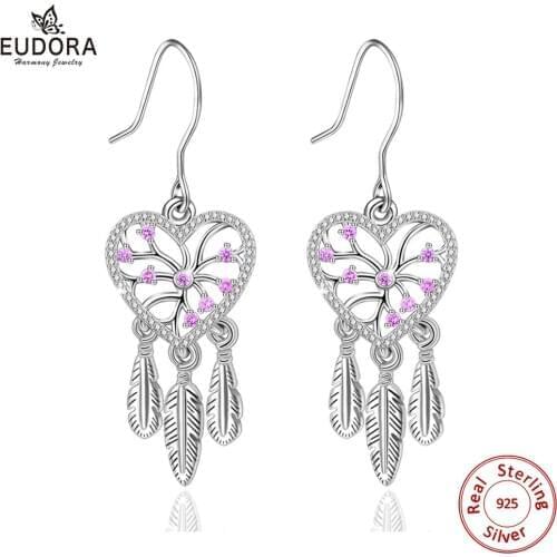 EUDORA Unique 925 Sterling Silver Dream Catcher & Pink Tree Of life CZ Earring Romantic Feather Drop Earring Fine Jewelry E87