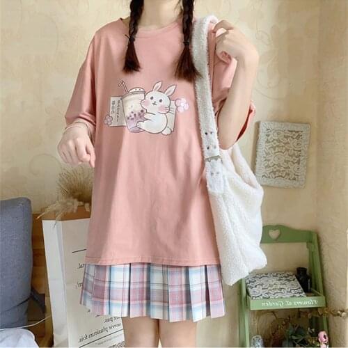Japan Style Cartoon Rabbit Print Round Collar Patchwork Short Sleeve T-shirt Women Summer Sweet Lolita Girls Tee Shirt Tops