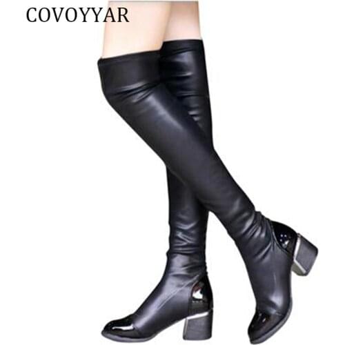 2019 Fashion PU Leather Over Knee Boots Women Sequined Toe Elastic Stretch Thick Heel Thigh High Riding Boots Big Size 40 WBS156