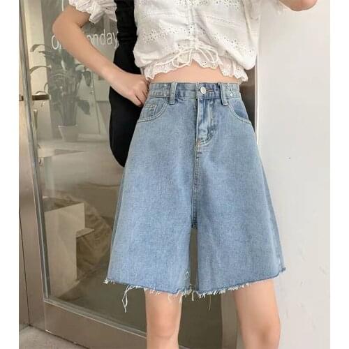 Denim shorts women spring summer high waist loose students big size straight straight legs a hundred five-point pants
