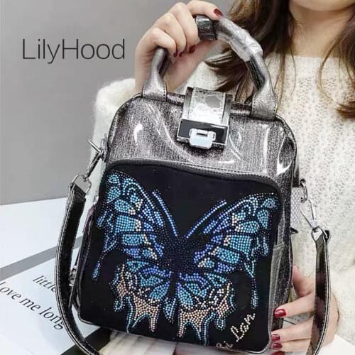 Women Fashion Vegan Leather Diamonds Butterfly Pattern Backpack 2021 Lady Luxury Design Artificial Leather Sparkle Black Handbag
