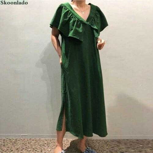 Womens Puff Sleeve V-neck Pure Color Cotton and Linen High-end Noble Fashion Long Dress