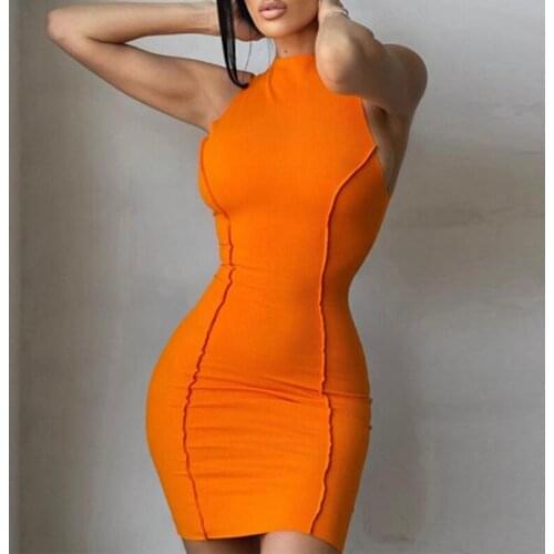 2021 summer new womens round neck sleeveless solid color fashion slim fit hip dress women