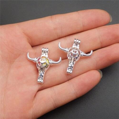10pcs bright silver bull head pearl cage necklace pendant, aromaing oil diffuser to add your own pearl, stone makes it more attr