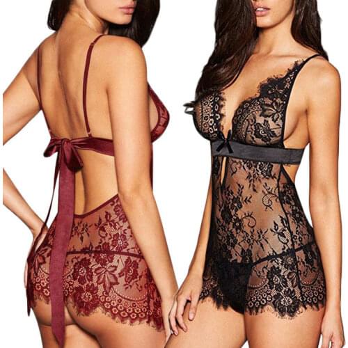 2019 Newest trendy Woman Female Exotic Sexy Lingerie Lace Dress Babydoll Women Underwear Nightwear Sleepwear Plus Size S-XL