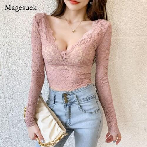 Women Plus Size 5XL New Slim Long Sleeve Sexy V-neck Lace Blouse Bottoming Tops French Chic Short Transparent Floral Shirt 13726