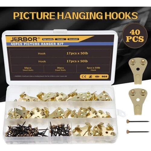 40pcs 50lb German Style Picture Hangers Photo Frame Wooden Frame Picture Hook with 90pcs Wire Rope Screws Nails