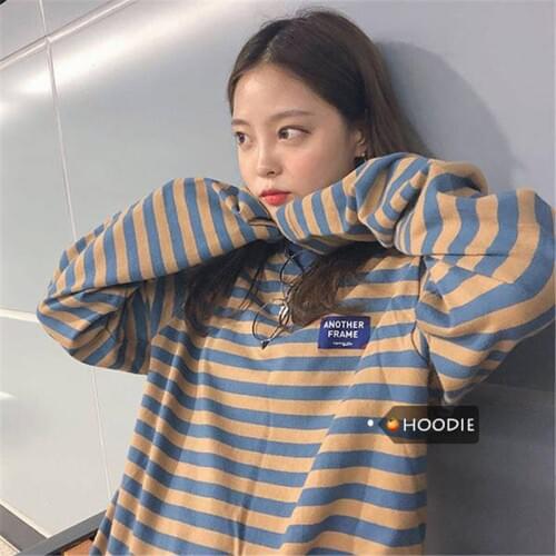 Stripped Hoodie Women Funny Oversize Korean Female Sweatshirt Oneck Long Sleeve Hoodie Streetwear Girls Autumn High Street Tops