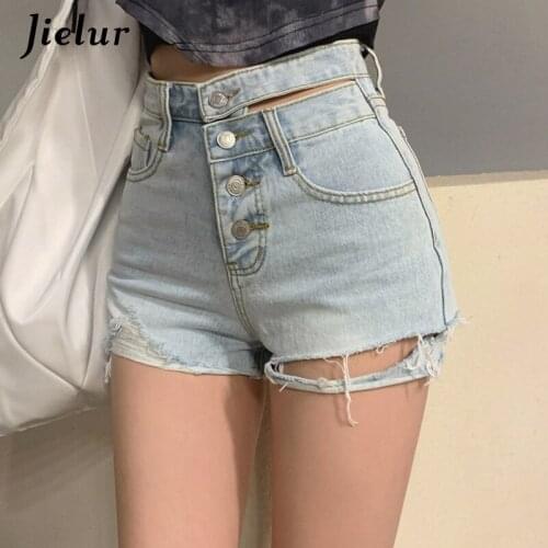 Jielur Ripped Holes Washed Womens Shorts Summer 2021 High Waist Blue Shorts Women Skinny Button Fly Casual Jeans for Girls S-XXL