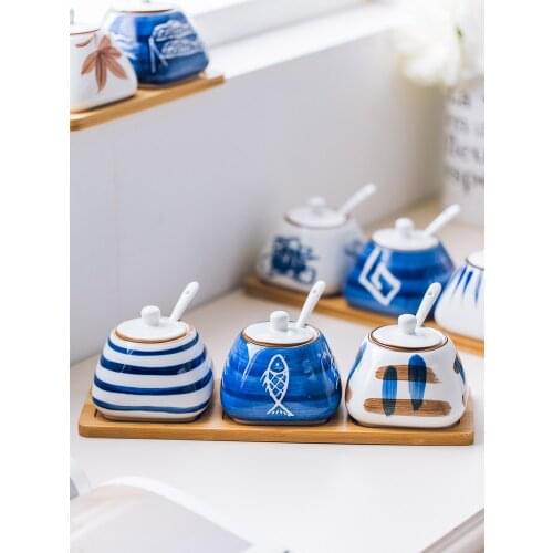 Ceramic Seasoning Pot Japanese-Style Creative Kitchen Condiment Dispenser Set Combination Salt Sugar MSG Seasoning Box Seasoning