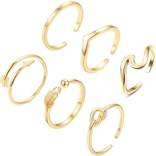 6PCS Arrow Knot Wave Rings for Women Adjustable Stackable Thumb Open Ring Set Jewelry Type Style Model Number Metals Gift