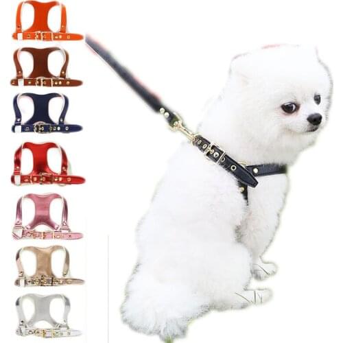 PU Leather Dog Cat Harness Vest Black Rose Gold Harnesses Set French Bulldog Chihuahua Small Medium Dogs Harness With Leash 1.2m
