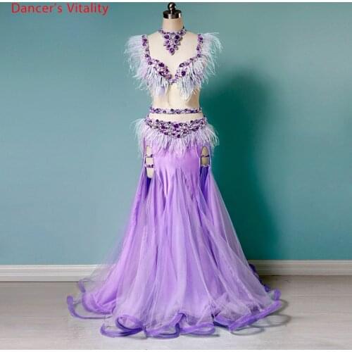 Belly Dance Suit Feather Diamond Bra Split Long Skirt Performance Clothing Set High-end Custom Adult Child Competition Clothes