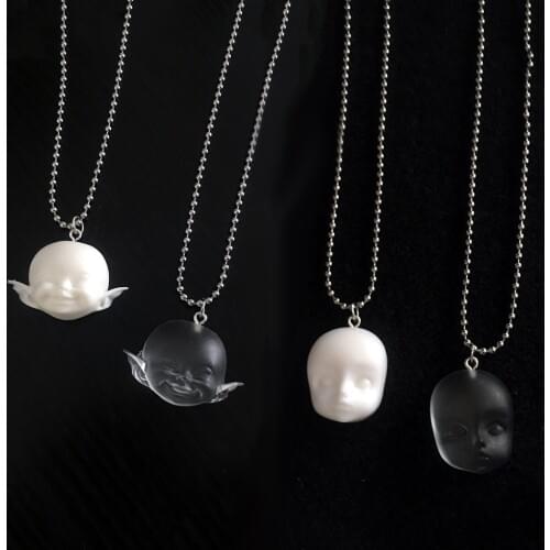 Creative Funny Handmade Smiling Elf Dolls Head Pendant Necklace for Women Girls White Transparent Exaggerated Fashion Necklace