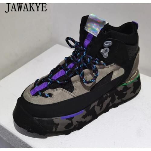 Camouflage Flat Platform Women Climbing Shoes High Top Real Leather Lace Up Sneakers Retro Inner Height Increase Trainers Woman