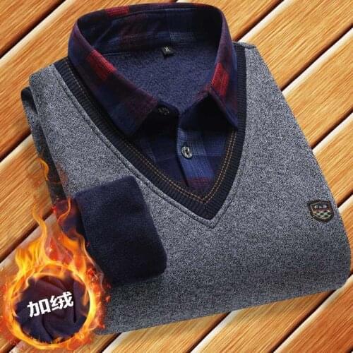 Autumn and winter plus cashmere young and middle-aged mens shirts collar fake two knitted sweater menbottoming