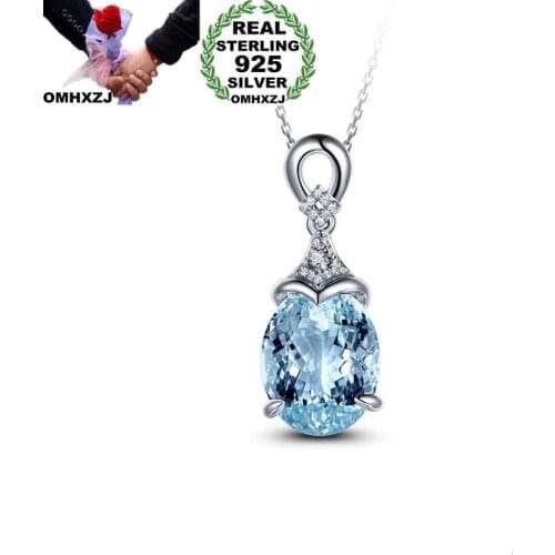 OMHXZJ Wholesale European Fashion Woman Girl Party Wedding Gift Water Drop Blue Zircon 925 Sterling Silver Pendant Necklace NA53