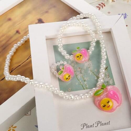Lovely Light Imitation Pearl Beaded Kid Jewelry Sets Resin Smiling Charm Necklace Bracelet Ring Jewelry Sets 3pcs/lot