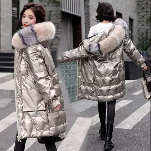 New Womens Down Jacket Long 2021 Winter Down Coat Women Fur Collar Hooded Warm Fashion Lady Outerwear Black