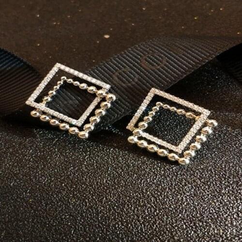 Luxury Golden Round Ball Hollow Stud Earrings for Women Geometric Rhombus Square Shaped Crystal Rhinestone Statement Jewelry