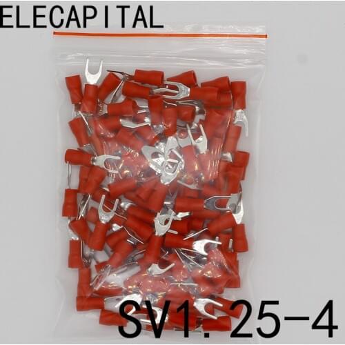 SV1.25-4 Red Furcate Fork Spade 22~16AWG Wire Crimp pressed terminals Cable Wire Connector 100PCS/Pack SV1-4 SV