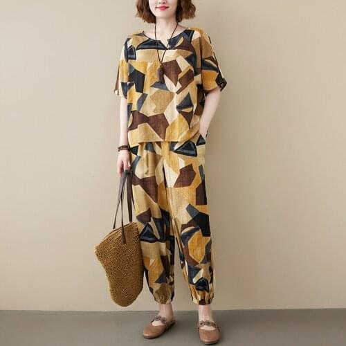Thin Soft Cotton Linen Cozy Women Clothes Set Print Floral Vintage Summer Set Loose Tops High Waist Pants 2 Two Piece Casual Set