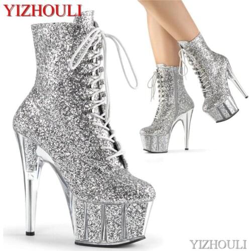 Party stage pole dance performance sequins 15 cm high heel ankle boots, 5 "sexy model thick waterproof platform, dancing shoes