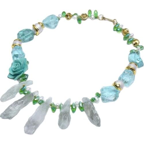 GuaiGuai Jewelry Natural Pearl Green Glass Rutilated Quartz Prasiolite Double Terminated Point Pendant Necklace For Women