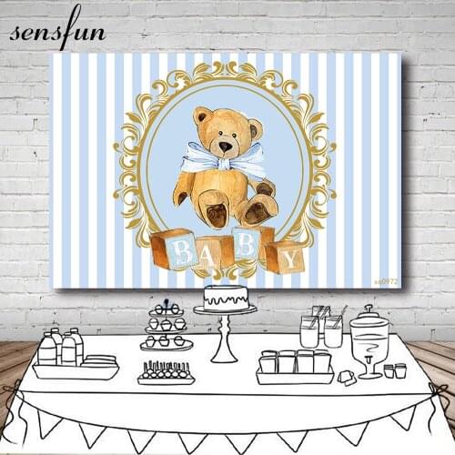 Sensfun Blue White Striped Bear Boy Baby Shower Newborn Backdrop For Photography Kids 1st Birthday Party Photography Background