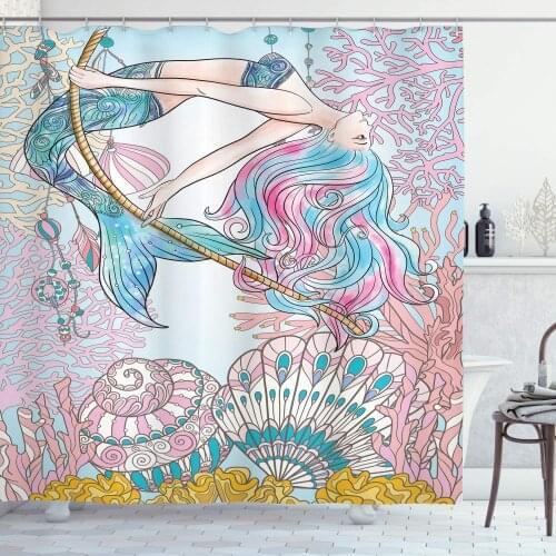 Mermaid Shower Curtain, Pastel Cartoon Drawing of Lady in The Sea Sirens Greek Myth Human Fish Tail Cloth Fabric Bathroom Decor